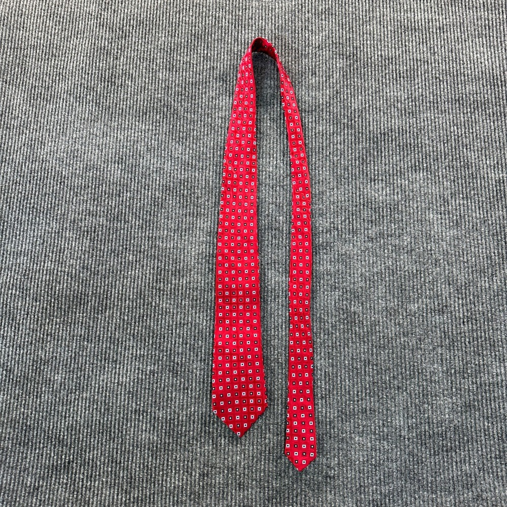 Cremieux Collection Mens Silk Tie Red Navy Blue Geometric Square Pattern